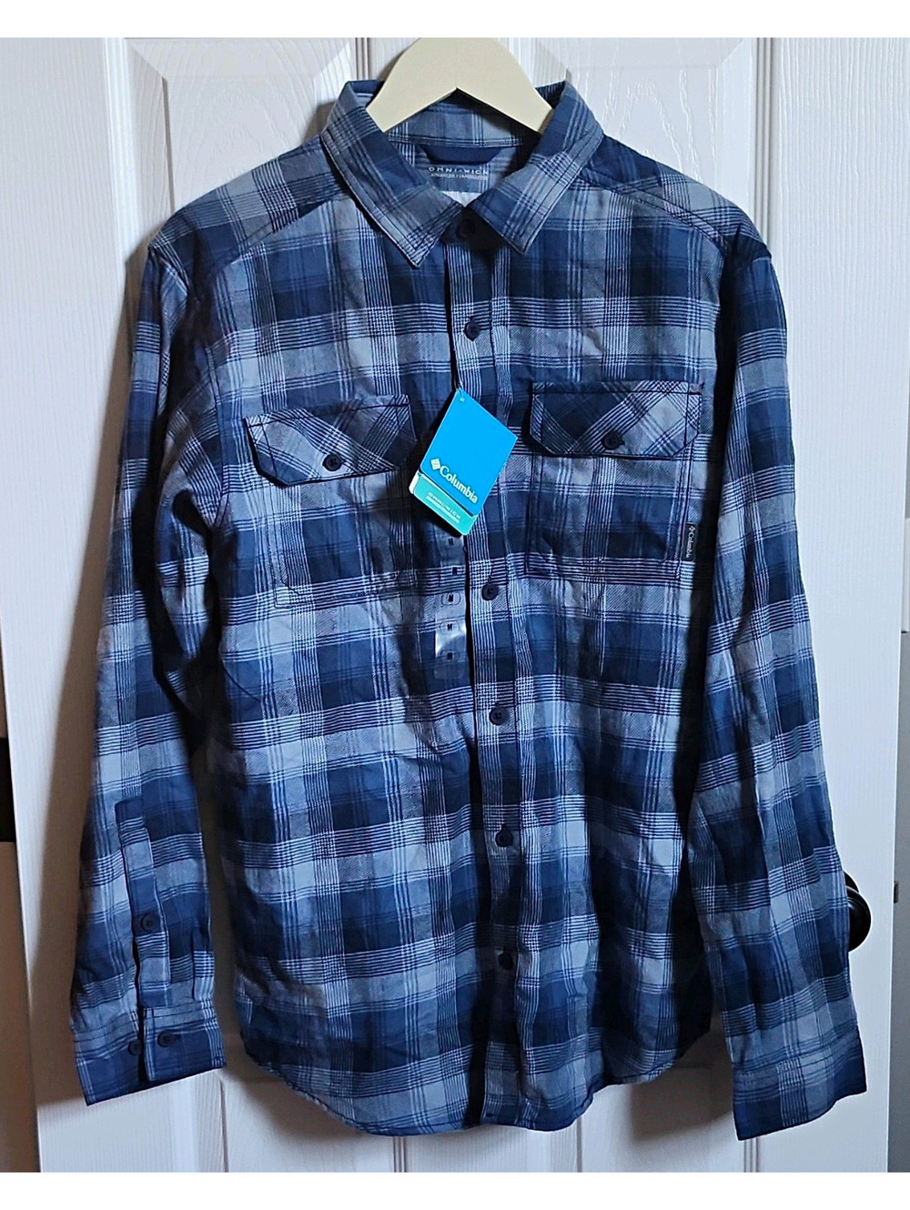 Columbia Men's M Blue Plaid Long Sleeve Button-Up Shirt Point Collar